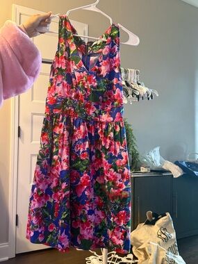 Milly Floral Fit-and-Flare Dress in Blue with Pink & Green Blossoms